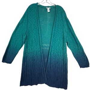 Catherine's Lacy Cotton Linen Open Front Long Cardigan Women 3X Green Blue Ombre